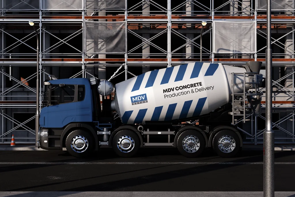 Брендирование автобетоносмесителей MDV BETON — дизайн оклейки спецтехники Aktau-design