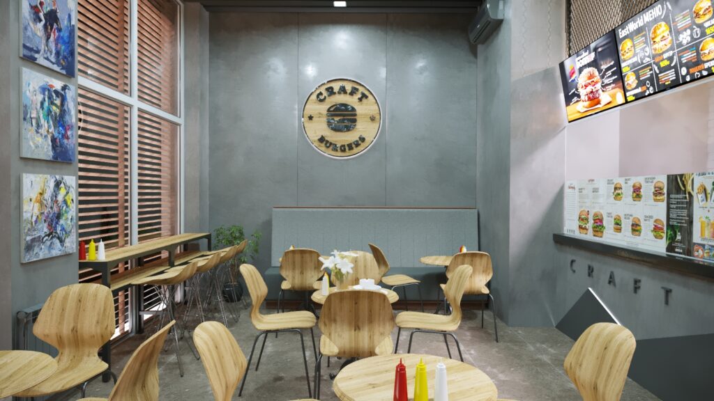 3D Дизайн интерьера кафе Craft Burgers в Актау