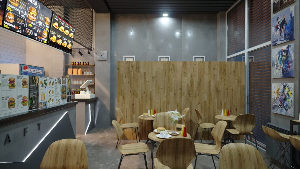 3D Дизайн интерьера кафе Craft Burgers в Актау