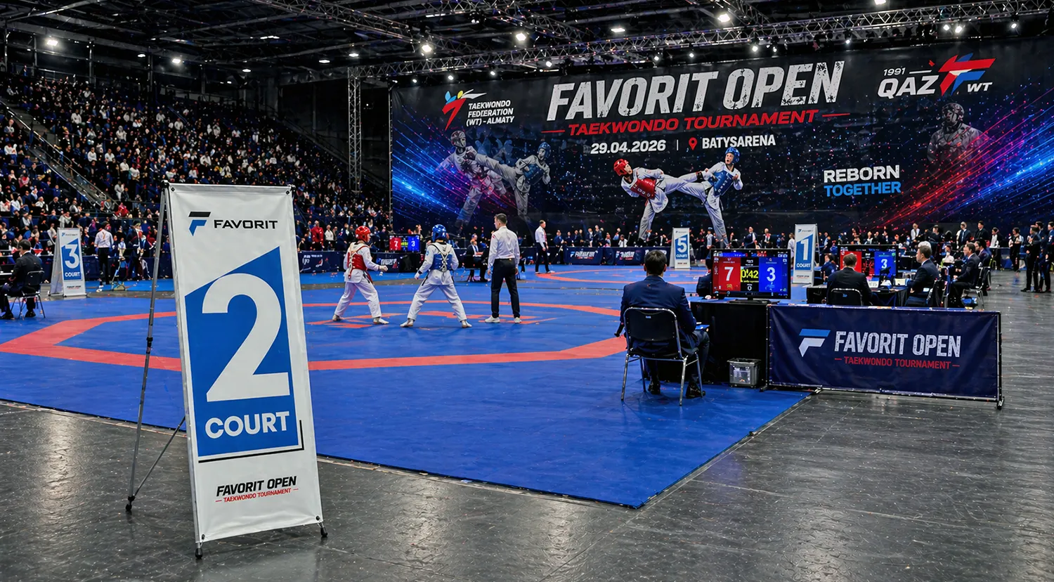Оформление арены для спортивного мероприятия в Актау брендинг FAVORIT OPEN