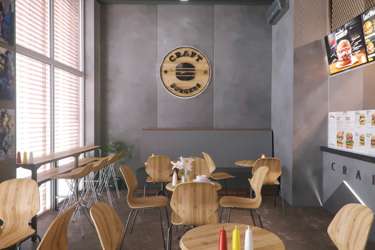 Разработанный дизайн для кафе бургерной Craft Burger Aktau
